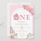 水彩ピンクウールリトルカボチャフローラ誕生日 招待状 (正面)