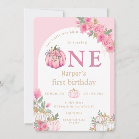 水彩ピンクウールリトルカボチャフローラ誕生日 招待状 (正面)