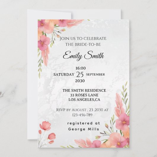 水彩ピンクエレガントフローラブライダルシャワー 招待状 (正面)