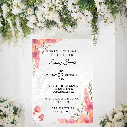 水彩ピンクエレガントフローラブライダルシャワー 招待状