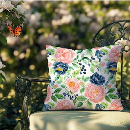 水彩ピンクエレガントブルーフローラ屋内屋外 クッション