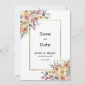 水彩ピンクオレンジゴールドの花柄 Save the Date 招待状 (正面)