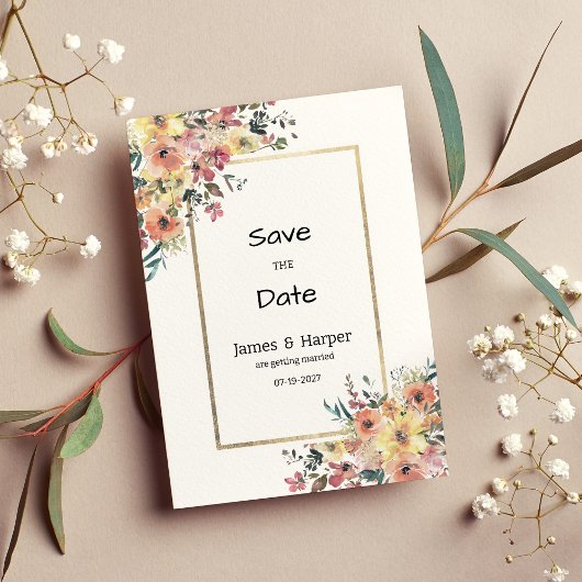 水彩ピンクオレンジゴールドの花柄 Save the Date 招待状