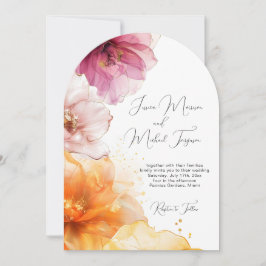 水彩ピンクオレンジフローラQRコー結婚ド 招待状