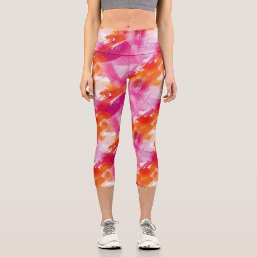 水彩ピンクオレンジ抽象芸術 カプリレギンス (正面)