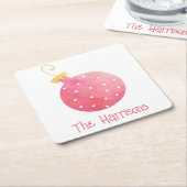 水彩ピンクオーナメントクリスマス紙コースター スクエアペーパーコースター (アングル)