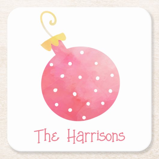 水彩ピンクオーナメントクリスマス紙コースター スクエアペーパーコースター (正面)