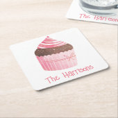 水彩ピンクカップケーキクリスマス紙コースター スクエアペーパーコースター (アングル)