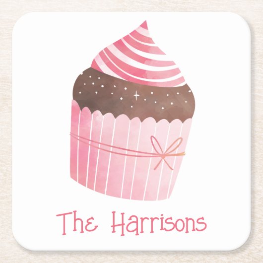 水彩ピンクカップケーキクリスマス紙コースター スクエアペーパーコースター (正面)