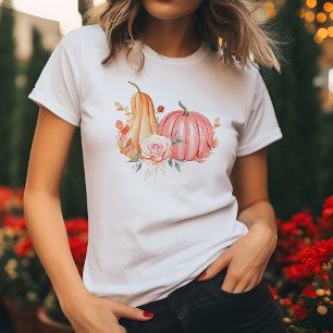 水彩ピンクカボチャと秋の花 Tシャツ