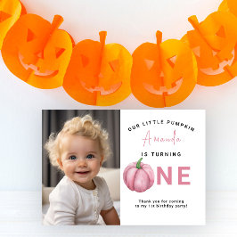 水彩ピンクカボチャの最初の誕生日パーティー サンキューカード