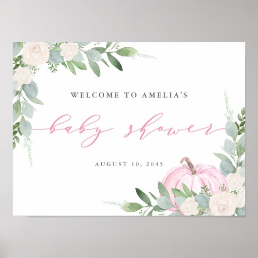 水彩ピンクカボチャ秋ベビーシャワーへようこそ ポスター (正面)