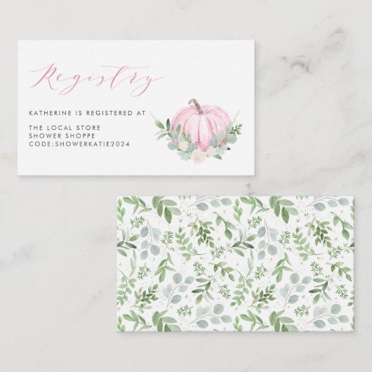 水彩ピンクカボチャ秋ベビーシャワーレジストリ エンクロージャーカード (正面/裏面)