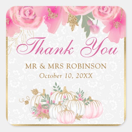 水彩ピンクカボチャ花ゴールドフォイル結婚ズ スクエアシール (正面)