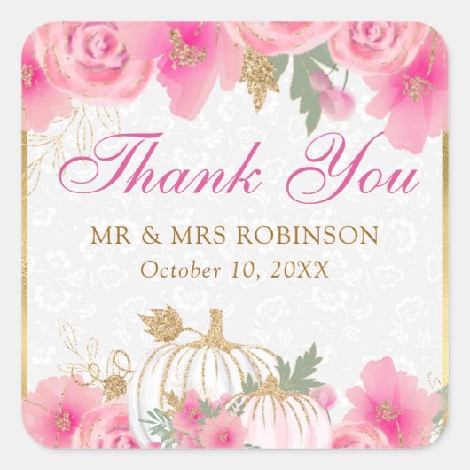 水彩ピンクカボチャ花ゴールドフォイル結婚ズ スクエアシール (正面)