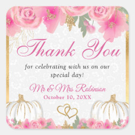 水彩ピンクカボチャ花ゴールドフォイル結婚ズ スクエアシール