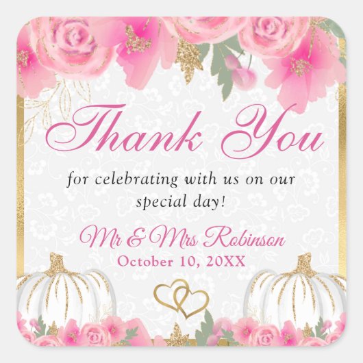 水彩ピンクカボチャ花ゴールドフォイル結婚ズ スクエアシール (正面)