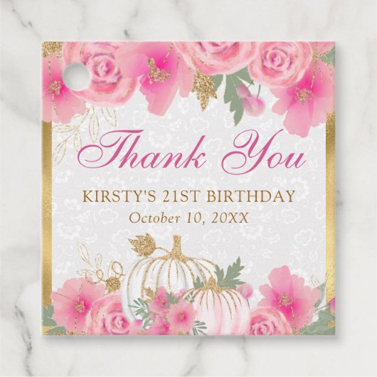 水彩ピンクカボチャ花金ゴールド誕生日 フェイバータグ (正面)