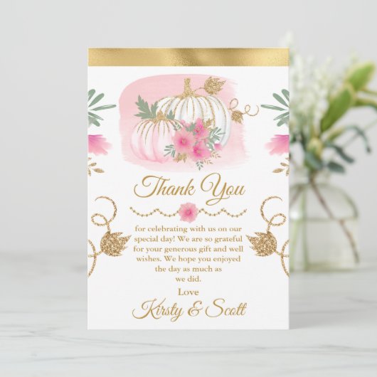 水彩ピンクカボチャ金ゴールドグリッターありがとう サンキューカード (スタンド正面)