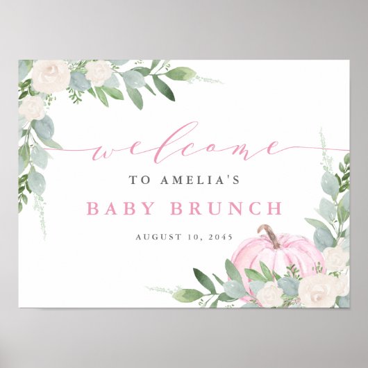 水彩ピンクカボッキングリーン秋ベビーブランチ ポスター (正面)