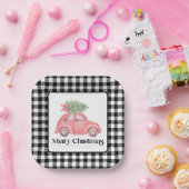 水彩ピンクカークリスマスツリー ペーパープレート (パーティー)