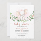 水彩ピンクガールベビーゾウ赤ちゃんシャワー 招待状 (正面)