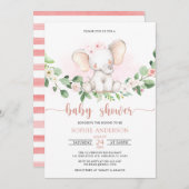 水彩ピンクガールベビーゾウ赤ちゃんシャワー 招待状 (正面/裏面)