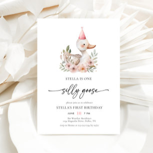 水彩ピンクガール間抜けワンガチョウ1歳 招待状