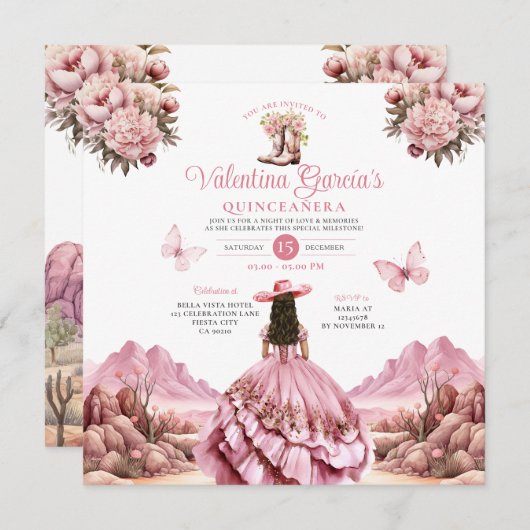 水彩ピンクキンセアニラ15アノスブーツウェスタン 招待状 (正面/裏面)