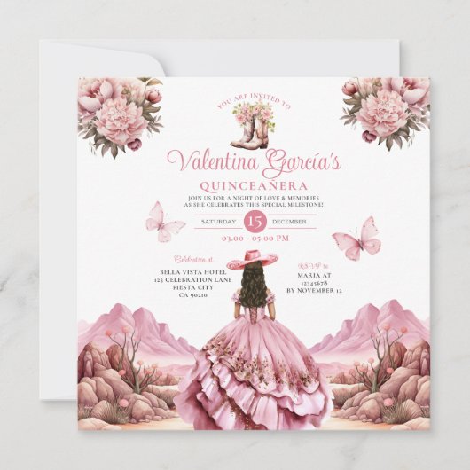 水彩ピンクキンセアニラ15アノスブーツウェスタン 招待状 (正面)