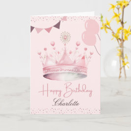 水彩ピンククラウン誕生日 カード