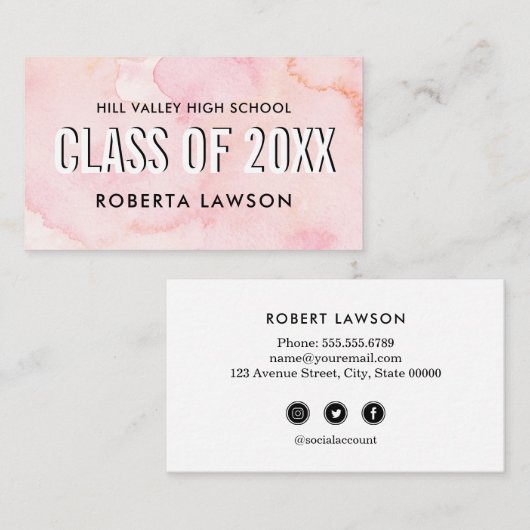 水彩ピンククラス卒業名ソーシャルアイコン 名刺 (正面/裏面)