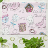 水彩ピンククリスマスガーリー キッチンタオル (折り畳み)