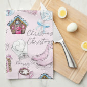 水彩ピンククリスマスガーリー キッチンタオル (四つ折り)