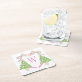 水彩ピンククリスマスツリーモノグラムクレスト スクエアペーパーコースター (インサイチュ)