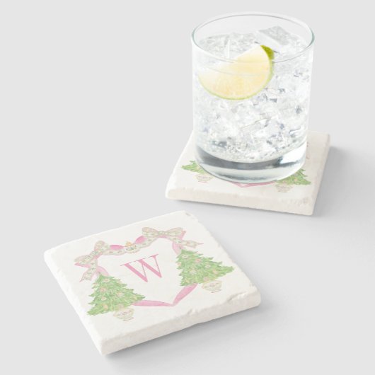 水彩ピンククリスマスツリーモノグラムクレスト ストーンコースター (横)