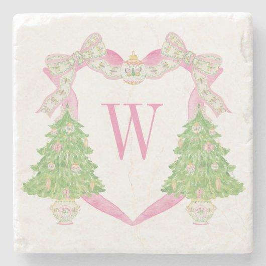 水彩ピンククリスマスツリーモノグラムクレスト ストーンコースター (正面)