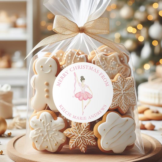 水彩ピンククリスマスバレリーナギフト ラウンドシール