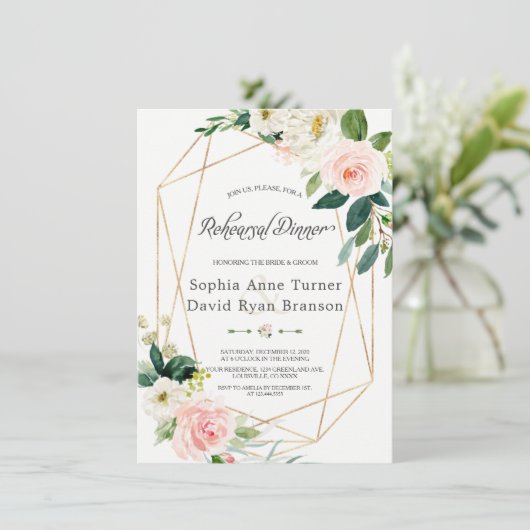 水彩ピンククリームフローラ金ゴールドリハーサルディナー 招待状 (スタンド正面)