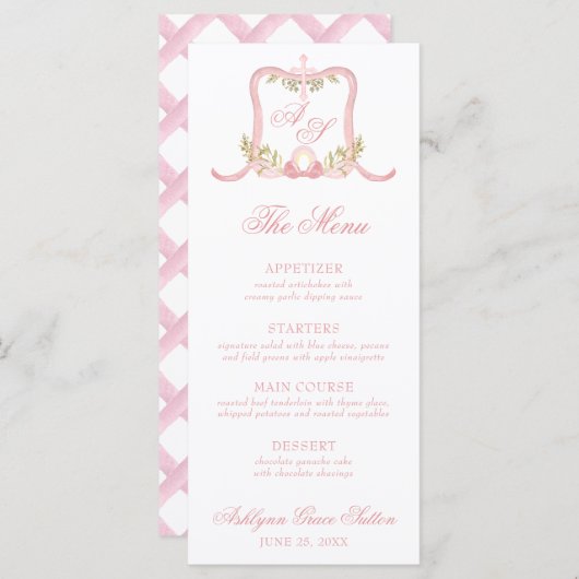 水彩ピンククロスモノグラムクレスト《キリスト教》洗礼式や命名式 メニュー (正面/裏面)