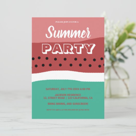 水彩ピンクグリーンスイカ夏パーティー 招待状 (スタンド正面)