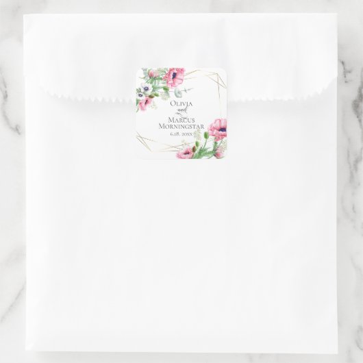 水彩ピンクケシのアネモネと葉 スクエアシール (バッグ)