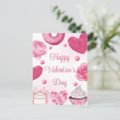 水彩ピンクケーキとお菓子バレンタインデー シーズンポストカード (スタンド正面)
