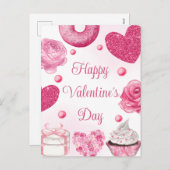 水彩ピンクケーキとお菓子バレンタインデー シーズンポストカード (正面/裏面)