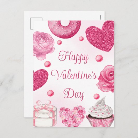 水彩ピンクケーキとお菓子バレンタインデー シーズンポストカード (正面/裏面)