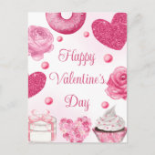 水彩ピンクケーキとお菓子バレンタインデー シーズンポストカード (正面)