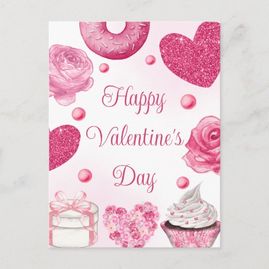 水彩ピンクケーキとお菓子バレンタインデー シーズンポストカード (正面)