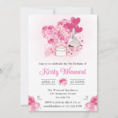 水彩ピンクケーキ及びフローラハート誕生日 招待状 (正面)