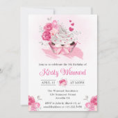 水彩ピンクケーキ&フラワーバースデーパーティー 招待状 (正面)