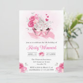 水彩ピンクケーキ&フラワーバースデーパーティー 招待状 (スタンド正面)